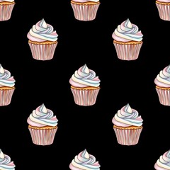 Rainbow Sweet Cupcakes Seamless Pattern on Black Background