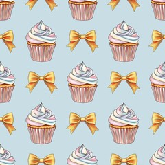 Rainbow Sweet Cupcakes with Golden Bow on Pastel Blue Background