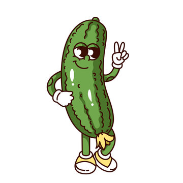 recommend clip art: Groovy cucumber cartoon character with peace hippie gesture. Funny retro green vegetable with flower showing V fingers. Food mascot, cartoon cucumber sticker of 70s 80s style vector illustration