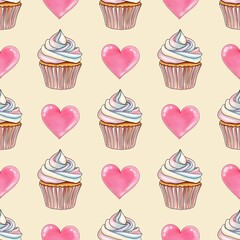 Rainbow Sweet Cupcakes with Pink Heart Seamless Pattern on Pastel Yellow Background