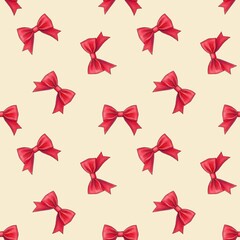 Red Bow Seamless Pattern on Pastel Yellow Background