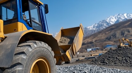 Fototapeta premium Yellow loader powerfully scoops gravel against a vibrant mountain backdrop. AI Generated