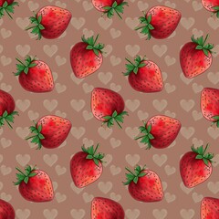Sweet Strawberry and Milk Hearts Small Design Seamless Pattern on Mocha Mousse Background