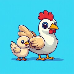 Hen protecting chick, cartoon, blue background, children's book illustration