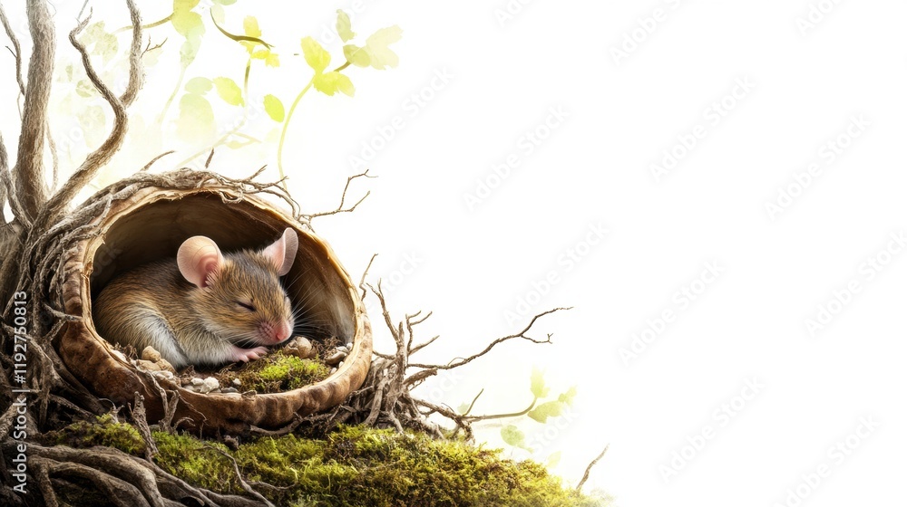 Poster sleeping mouse nestled in a cozy nest among moss and delicate foliage. generative ai
