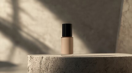 Minimalistic foundation bottle on textured concrete surface with soft shadows