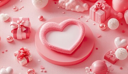 Valentine's Day 3D Background with Heart Balloons and Gifts. AI generated image