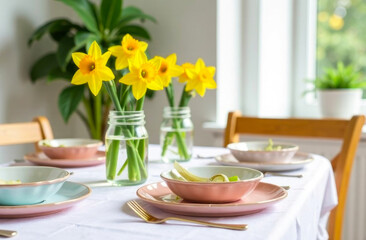 Daffodils bloom in jars on a beautifully set table ready for a spring gathering with pastel plates and cutlery.