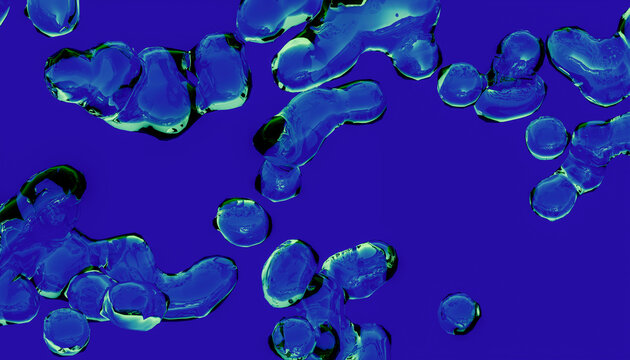Vivid 3D blue liquid forms floating on deep blue background