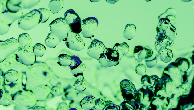 Abstract 3D liquid spheres in a green and purple color scheme