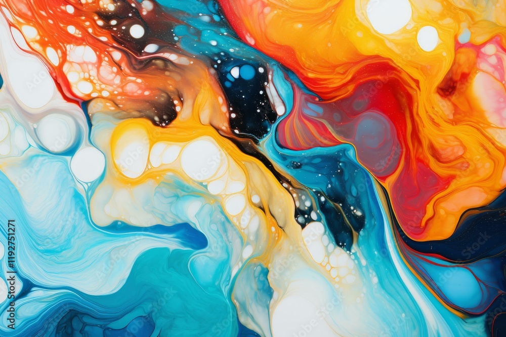 Poster fluid acrylic painting creating colorful swirls and bubbles, perfect for backgrounds and abstract ar
