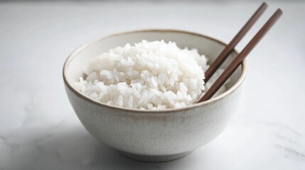 Close-up of a bowl of white rice with chopsticks in a modern kitchen. Emphasizing simplicity and elegance. Ideal for culinary presentations.