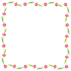 Vector square frame, wreath from red tulips. Spring flowers. Bright background, border, decoration for greeting card, invitation, Valentine's, Women's or Mother day