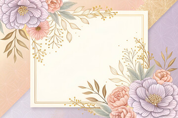 Watercolor floral frame with painted pink and beige flowers with green leaves and gold round border