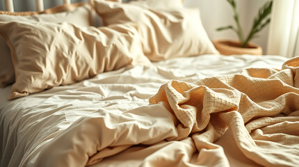 Cozy and Serene Bedroom: Soft Beige Bedding and Pillows. Peaceful Morning Sunlight. Relaxing Home Interior Design.