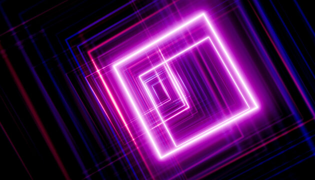 Neon purple abstract square tunnel in 3D render