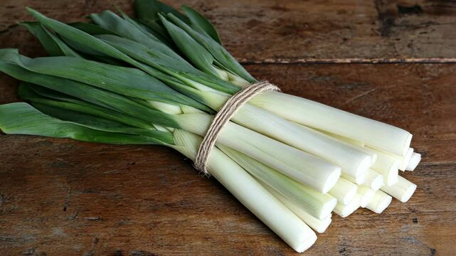 Freshly harvested leeks arranged neatly on a wooden table ready for cooking or culinary use in a cozy kitchen setting