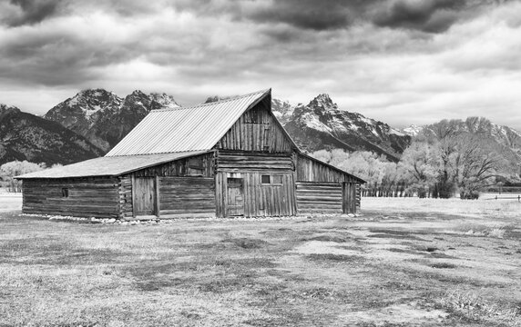 Rustic barn in Grand Teton National Park in monochrome