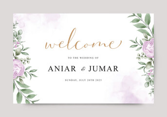 Background template set with purple rose flowers green leaves for cover, banner, invitation card, etc.