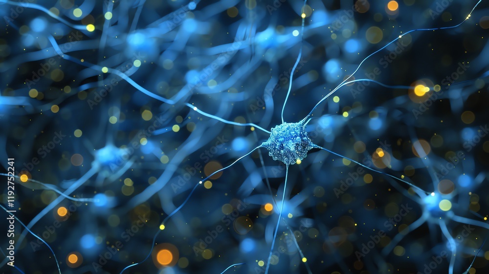 Aufkleber a digital rendering of a brain cell with glowing connections.
