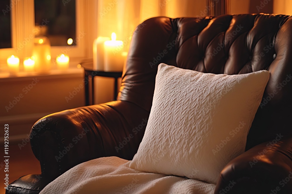 Poster cozy evening setting with a leather chair, candles, and a soft pillow creating a warm and inviting a