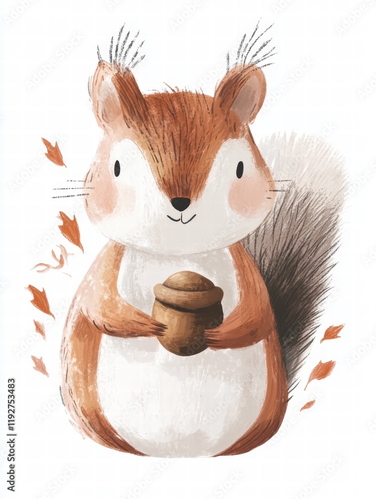 Poster charming squirrel holds acorn surrounded by falling leaves in a warm, autumn setting. generative ai
