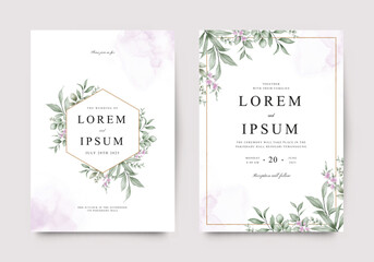 Beautiful wedding invitation card template set with green leaves and purple flowers