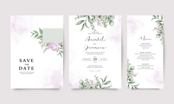 Elegant floral purple green plant wedding invitation template set