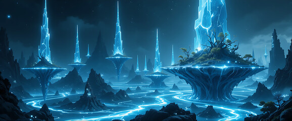 Floating Islands Glowing in Night Sky with Crystal Spires and Trees