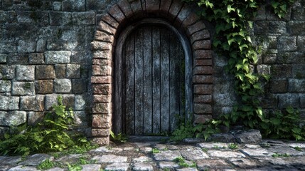 Weathered Stone Wall with Old Wooden Door and Ivy Climbing
