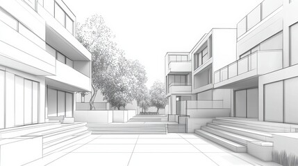 Fototapeta premium 3D illustration abstract modern urban building out-line black and white drawing of imagination architecture building construction perspective design.