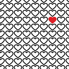 Outline black hearts and red heart shape Seamless Pattern in minimalism. Valentines Day Background