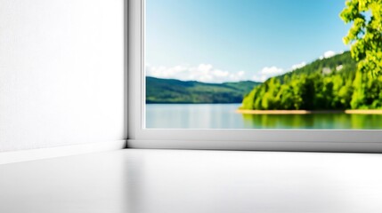 Fototapeta premium Serene Lakeside View from Bright Window. AI Generated