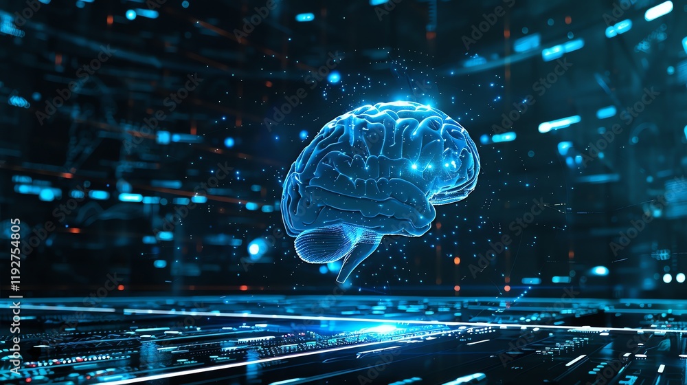 Poster a digital rendering of a human brain with glowing lines and dots, representing neural networks or ar