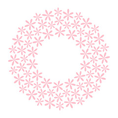 Stylized flowers Circular Frame border in trendy soft pink. Monochrome Copy space Template concept