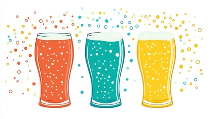 Vibrant Illustration of Three Colorful Beer Glasses with Bubbles and Confetti Against a White Background Perfect for Celebrations and Social Gatherings