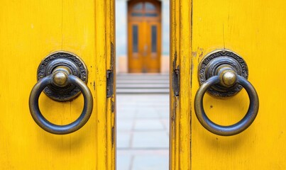 Antique ring door handles on bright yellow wooden doors, hinting at a building entrance beyond.