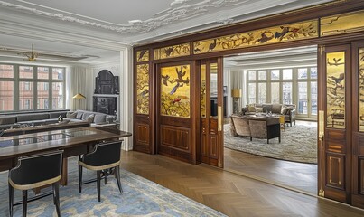 Luxurious apartment interior with ornate sliding doors featuring bird artwork, showcasing herringbone floors and a modern living area.