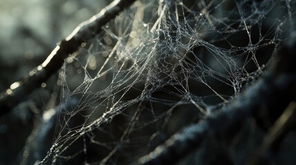 Delicate Spider Web Covered in Dew Drops on Branches at Dawn