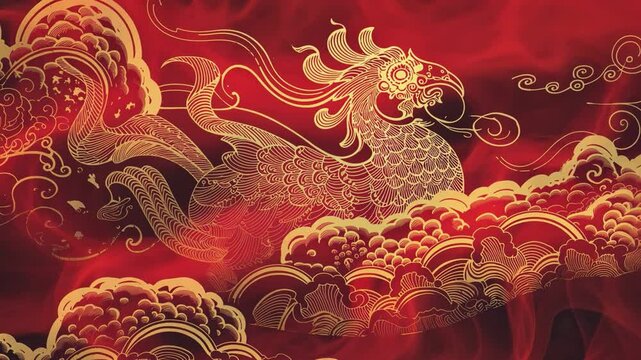 An intricate illustration of a majestic phoenix, rendered in elegant gold lines against a rich red backdrop of swirling clouds.
