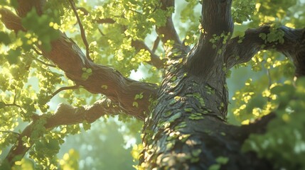 Fototapeta premium Majestic Tree with Vibrant Green Leaves Bathed in Soft Morning Light