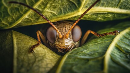 Close-up of a Grasshopper Hiding Under Green Leaves in Nature