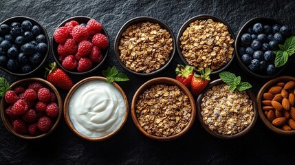 Aromatic and healthy breakfast: granola, yogurt, berries and nuts in dark bowls