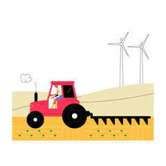 Red Tractor On A Wheat Field With Wind Turbines In Flat Vector Illustration Symbolizing Farming, Agriculture, And Renewable Energy, Isolated On White Background.