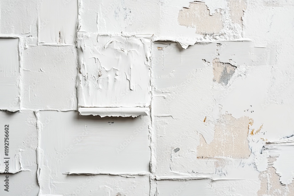 Poster artistic composition of layered white textures on a wall during daylight hours showcasing paint and 