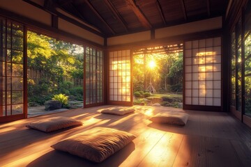 Fototapeta premium Tranquil japanese tea room with sunlit traditional garden view
