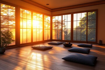 Cozy sunlit room with large windows overlooking forest at sunset
