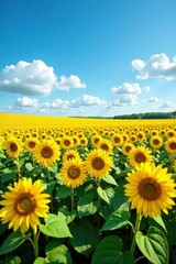 Fototapeta premium Vast sunflower field under a vibrant blue sky, sky background, summer, sky