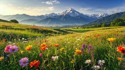 Colorful wildflowers bloom across a serene mountain meadow, backed by majestic peaks under a vibrant blue sky, creating a tranquil and inspiring natural landscape