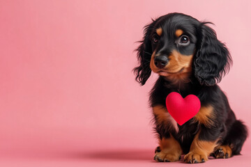 Basset Fauve De Bretagne holding a small heart-shaped flower, sitting on a pink background, postcard design with empty space for greeting. Valentine concept, veterinary